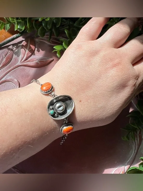 925 Sterling Silver Spiny Oyster Cowboy Hat Bracelet Kingman Turquoise - Picture 6 of 11